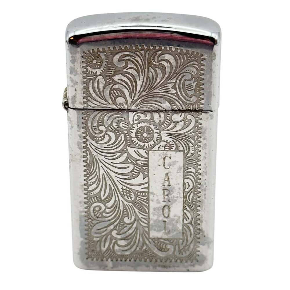 1980 Zippo Slim Floral Scroll CAROL Personalized Chrome Pocket Lighter Untested